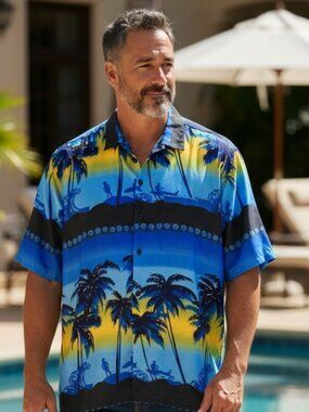 Happy Bay Men’s Hawaiian Shirt Blue Palm Trees Sunset Surfer Size XL